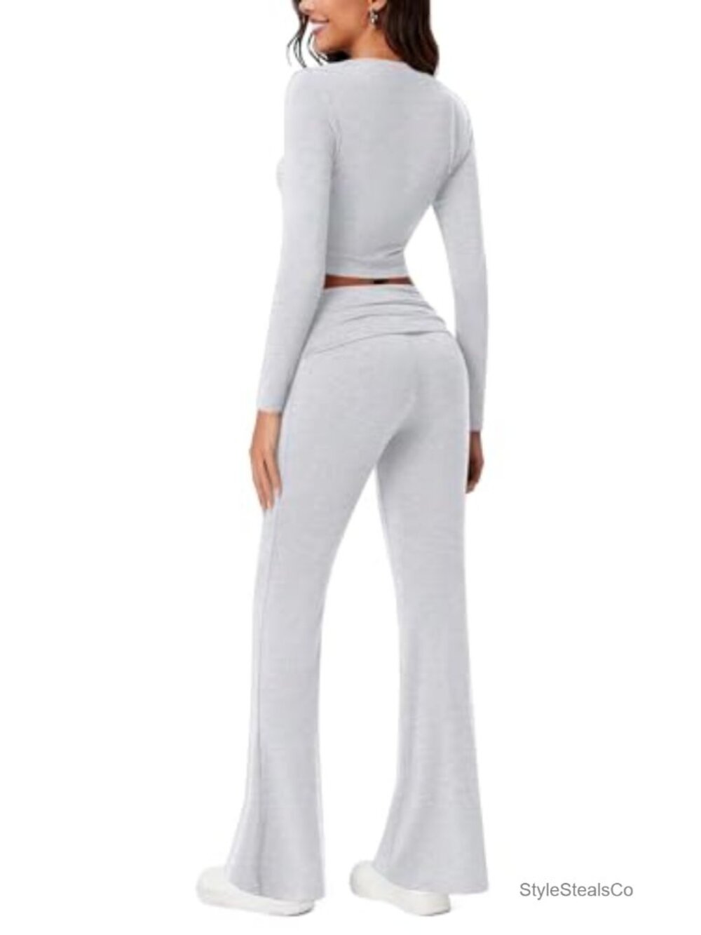 Flare Leggings Long Sleeve Crop Top 2 Piece Lounge Set - Picture 2 of 5